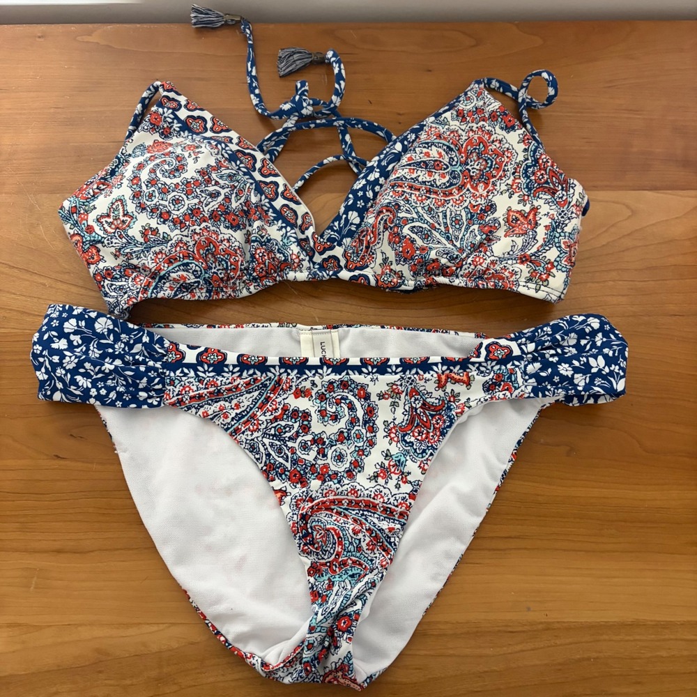 Lucky Brand Womens Paisley Floral Bikini Set Blue Red White Medium